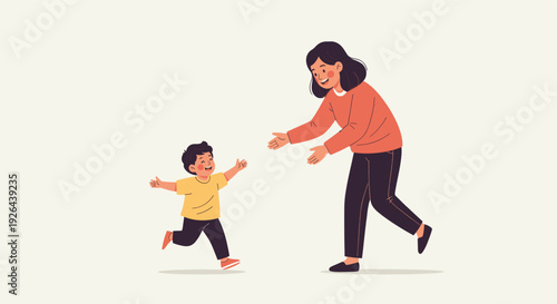 A happy boy runs towards his mother with open arms, ready for a hug, against a clean neutral background. Depicts joy, family and love in a minimalist illustration style.
