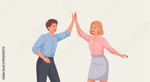 Two smiling colleagues, a man and a woman, high-five in a bright, modern office illustration, symbolizing teamwork, achievement and collaboration with a positive and energetic mood.