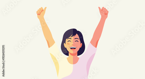 Cheerful woman raises her arms in a celebratory gesture against a light background, radiating positivity and happiness; ideal for conveying success or achievement.
