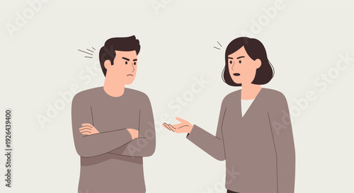 Illustration of a couple in disagreement, showcasing tension and conflict. The scene can represent misunderstandings, relationship issues, or the need for compromise and conflict resolution.