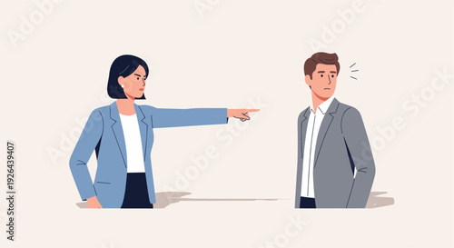 A woman in a blue blazer points accusingly at a man in a grey suit, conveying conflict, dismissal, or blame in a professional or workplace context.