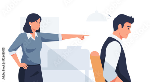 Illustration of an angry woman pointing her finger at a sad, dejected man sitting at a desk in an office, conveying workplace conflict, disapproval, and job termination.