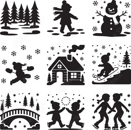 black silhouette winter icons with people and animals and trees and house