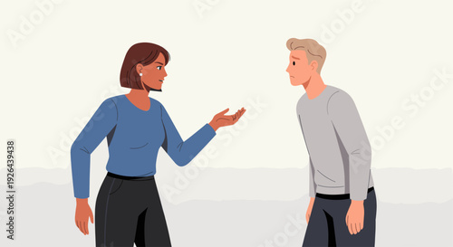 An illustration of a woman gesturing assertively towards a dejected man, suggesting a disagreement or confrontation, rendered in a modern, flat vector style.