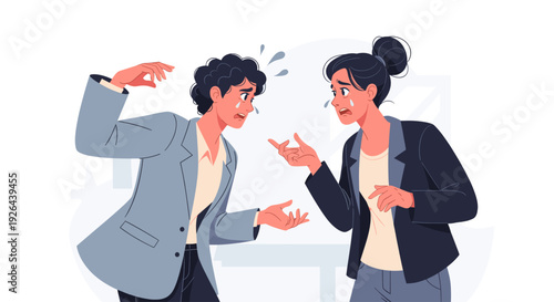 Animated illustration of a man and woman having a tense discussion, tears streaming from their eyes while wearing business attire, suggesting disagreement, sadness, and emotional distress.