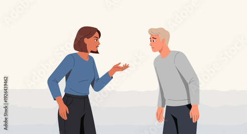 A vector illustration of a woman gesturing angrily while confronting a sad-looking man, portraying conflict, disagreement, or relationship issues.
