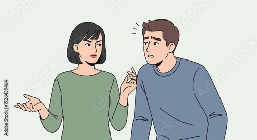 Illustration of a couple arguing with the woman looking frustrated and the man looking shocked and surprised, possibly having relationship problems or disagreeing on something.