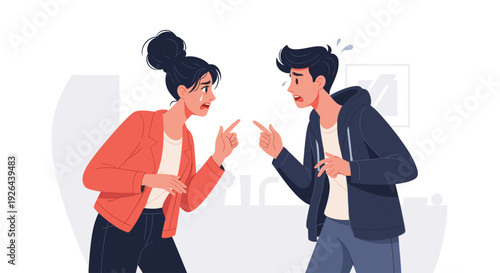 Illustration of a young couple having a disagreement, with the woman in tears and the man sweating, both pointing accusing fingers in a moment of tense conflict and stress.