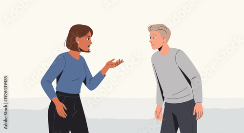 Woman is angrily gesturing towards a stunned man in a tense argument, capturing relationship conflict, stress, and communication breakdown. Could represent marital issues, work stress.