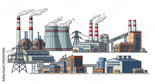 Industrial complex illustration depicting power plants and factories with smoke emissions.