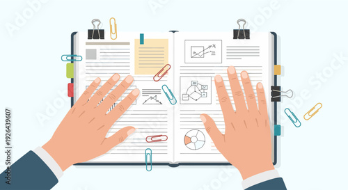 Open notebook showing business plan, diagrams, and notes being reviewed by human hands, creating a focused and organized atmosphere, ideal for showcasing planning processes.