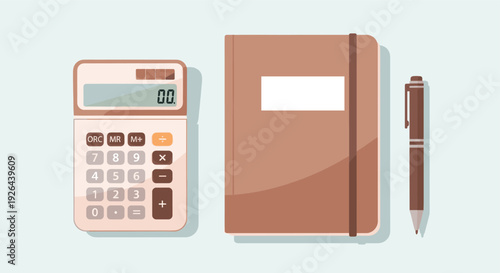 Illustration of calculator, closed notebook with elastic, and pen, all with a flat design on a pastel background for finance, business, or educational concepts.