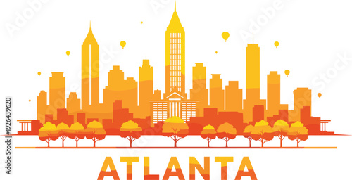 Atlanta Georgia city skyline silhouette vector illustration featuring famous skyscrapers landmarks hot air balloons and autumn trees in vibrant orange and yellow gradient