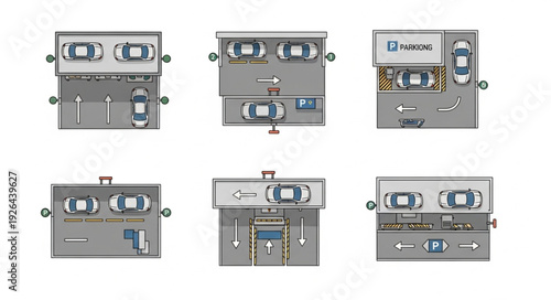 Overhead view of various parking garages with cars and different layouts.