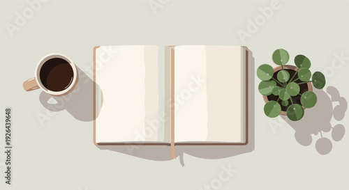 Top-down view of open notebook, coffee cup, and potted plant on light desk, creating calm, inviting workspace atmosphere ideal for creative projects.