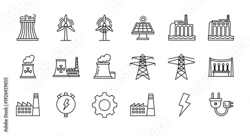 Collection of various energy production and power generation icons in a line art style.