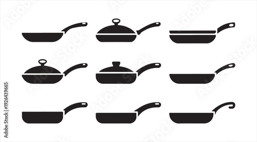 Minimal cookware pan symbol pack featuring frying pans and saucepans for culinary and menu design use