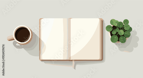 Flat lay illustration featuring an open notebook, cup of coffee, and Pilea peperomioides plant, creating a calm workspace or creative scene with soft lighting.