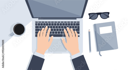 Top-down vector illustration of hands typing on a laptop with a cup of coffee, notebook, pencil, and glasses on a clean white desk, conveying focus and productivity.