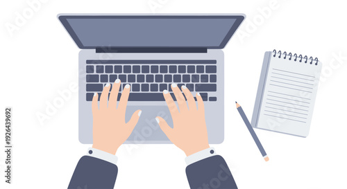 Top-down vector illustration of hands typing on a laptop computer next to a notepad with a pencil, all on a clean white background, ideal for business or work concepts.