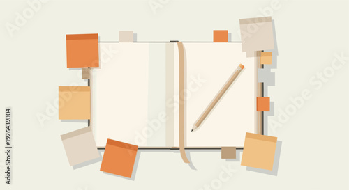 Aerial view of an open notebook with blank pages and a pencil surrounded by orange, beige, and tan sticky notes, perfect for showcasing organization, planning, or creative brainstorming.