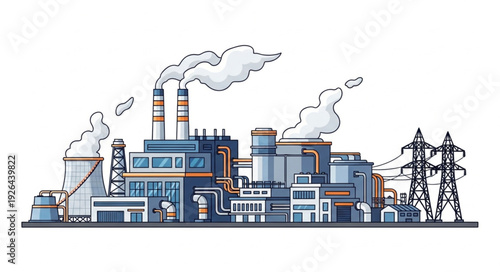 Industrial complex illustration showcasing factories, power plants, and smoke emissions into the atmosphere.