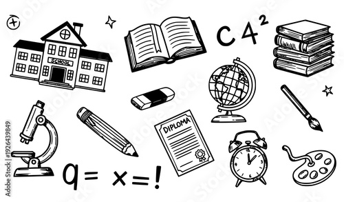 Sketchy Hand Drawn School and Education Icons Pack Isolated on White Background Vector