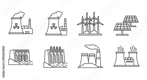 Various energy sources and power plants in a line art style illustration.