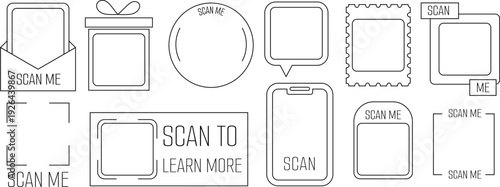 Template of frames various shapes for QR code Scan me, vector viewfinder sticker for mobile scanner payment and identity