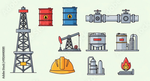 Oil and gas industry equipment illustration, showing various production and refining assets.