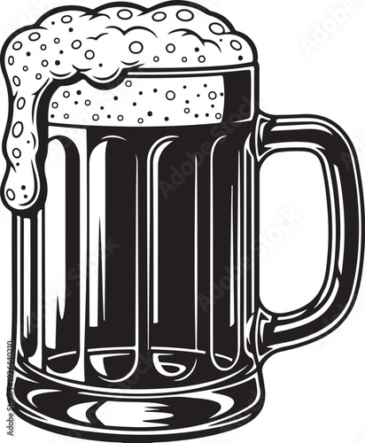 Black and white of a beer mug with foam froth handle
