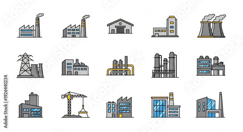 Industrial factory buildings and structures in various designs and styles, vector illustration.