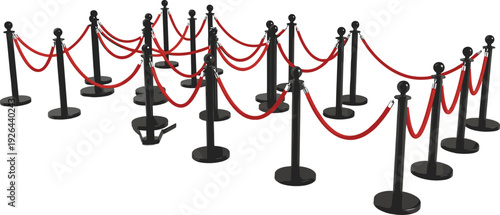 Black Stanchions with Red Velvet Ropes Arranged in a Complex Barrier System for VIP Crowd Control at Luxury Events Red Carpet and Gala