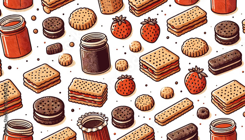 jam and tea biscuits seamless vector background design, cream cookies and rusk