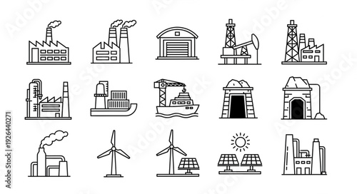 Industrial Icons Depicting Factories, Wind Turbines, and Solar Panels.