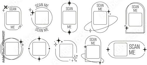 Scan Me QR code placeholder frame, Y2K aesthetic style black line border with ring and sparkle stars, sticker vector set