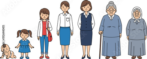 Illustration of People in Different Life Stages from Baby to Elderly for Family, Growth, and Human Development Designs