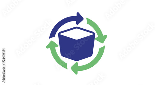 Blue Cube with Circular Arrows Symbol.