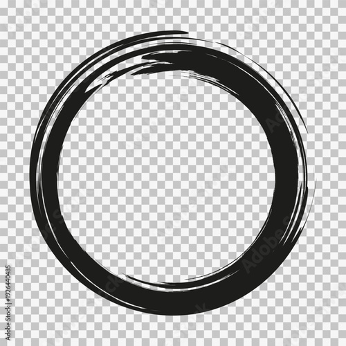 Black creative grunge circle. An expressive circle with a jagged edge and artistic carelessness. Drawn with a brushstroke. Grainy surface and worn effect. Transparent background.