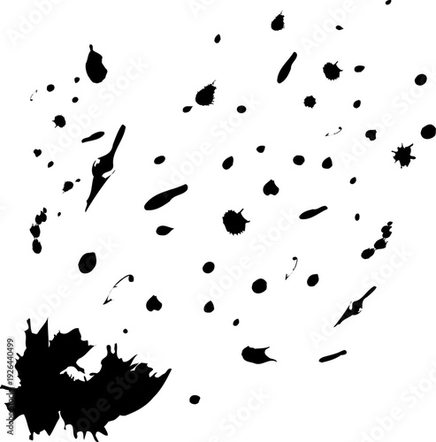 A black brushstroke with splatter. A rough brushstroke with chaotic drops and a jagged texture. Adding dynamism and artistic flair to creative projects.