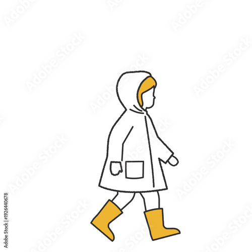 レインコートと長靴で歩く子供の線画