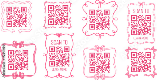 QR code in vintage pink ribbons frame with bows knot, scan to learn more border coquette style, vector sticker scanner