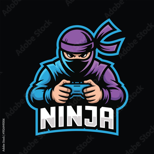 A cartoon ninja logo character holding a video game controller with a determined expression vector 
