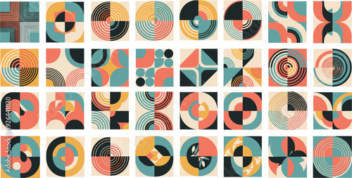 Abstract Geometric Pattern Tile Set with Bauhaus Inspired Minimalist Circles Lines and Shapes in Teal Coral and Gold for Modern Textile Design Wallpaper and Brand Identity