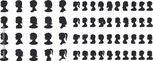 Female hairstyle silhouette collection, diverse women profile icons, black hair vector set, fashion beauty design, hairstyle diversity illustration, creative