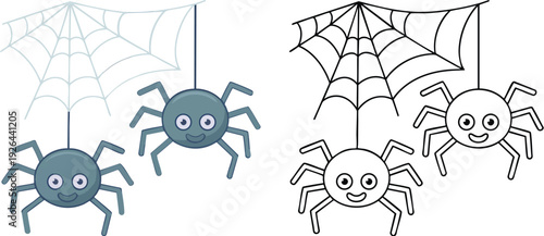 Spider and Bats Illustration and outline set isolated on transparent background