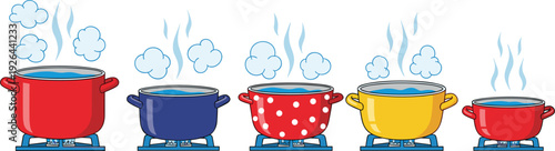 Colorful Cooking Pot Vector Set with Steaming Hot Water on Stovetop Burners for Recipe Blogs Home Cooking Meal Prep and Kitchenware Graphic Illustrations