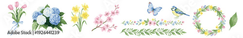Tender floral set. Spring watercolor flowers, tulips, hydrangea, daffodils, sakura, branch set cute. Collection of Vector illustrations. Perfect for invitation, card, poster, banner, decoration