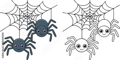 Spider and Bats Illustration and outline set isolated on transparent background