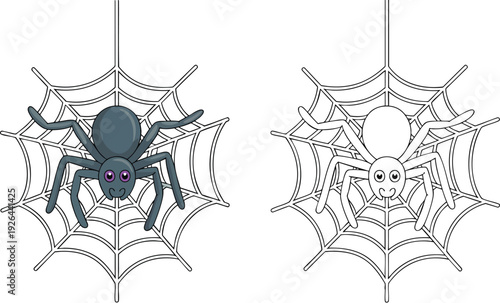 Spider and Bats Illustration and outline set isolated on transparent background